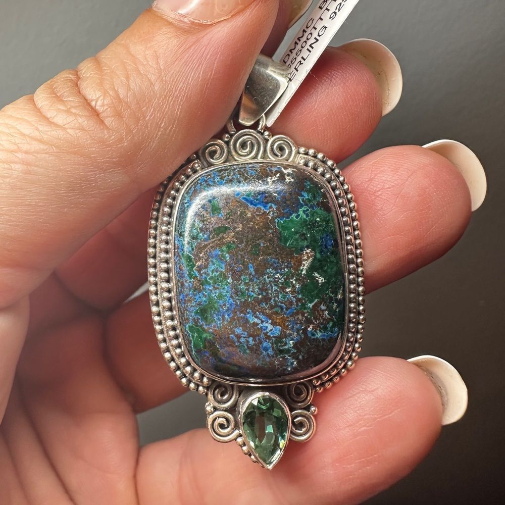 NWT Azurite and‎ Green Quartz in Bali Sterling Silver Pendant!